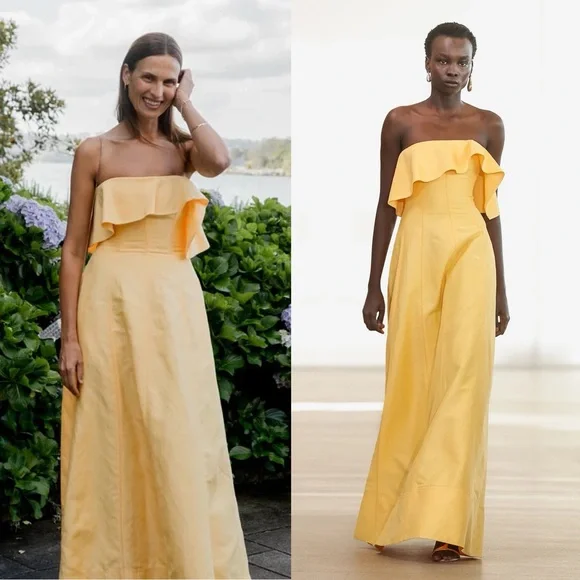 Aje Shallows Linen Blend Strapless Maxi Dress Marigold Butter Yellow - Picture 8 of 9